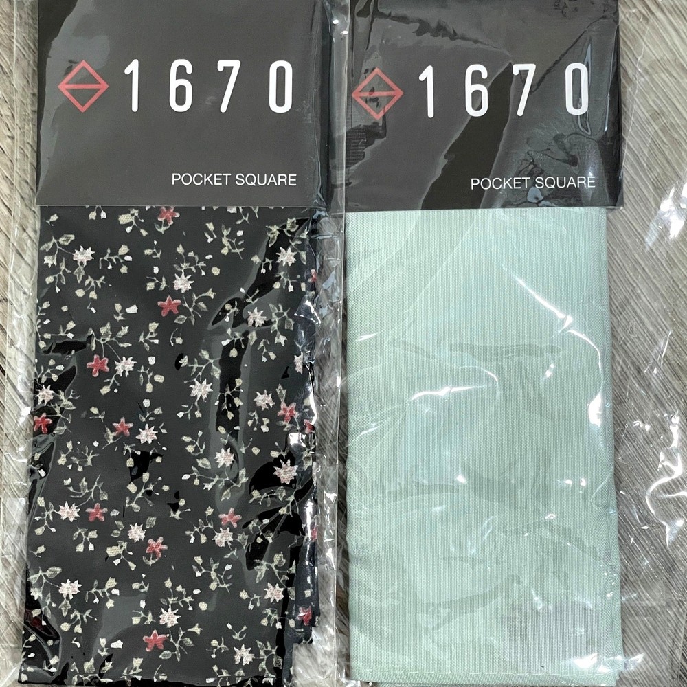 2pc Set 1670 Cotton Pocket Square - Black Mini Floral - Mint Green Solid - $30