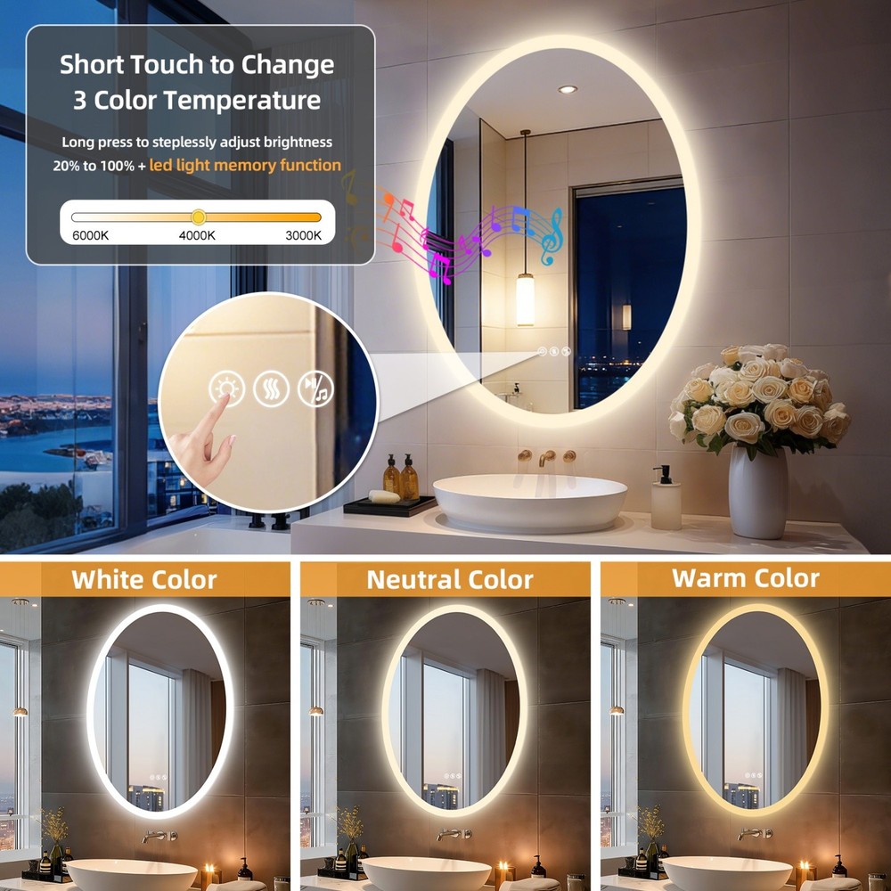 Oval LED Bathroom Bluetooth Mirror Touch Antifog Memory 3 Color Light Adjustable