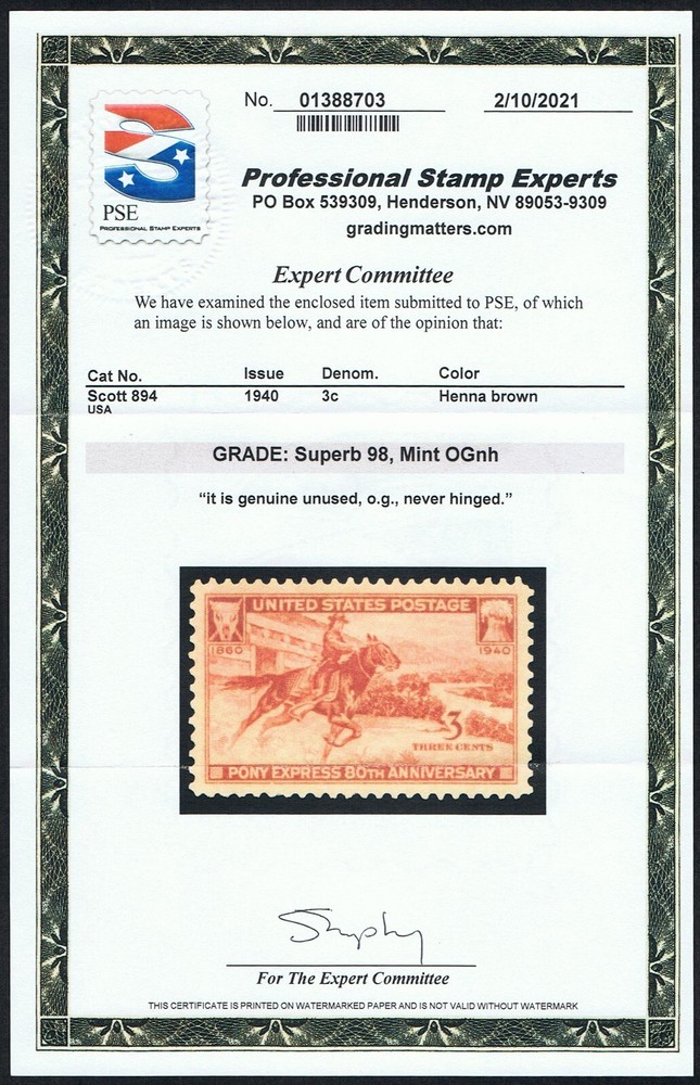 EXCEPTIONAL GENUINE SCOTT #894 MINT PRISTINE OG NH PSE CERT GRADED SUPERB 98