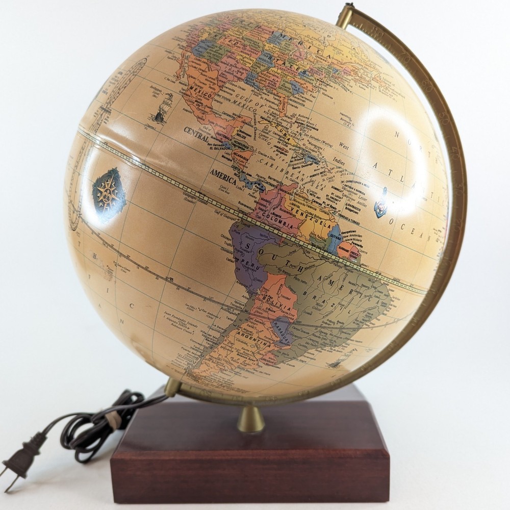 Replogle Illuminated Globe Vintage Wood Base Clock Lighted Rare EUC
