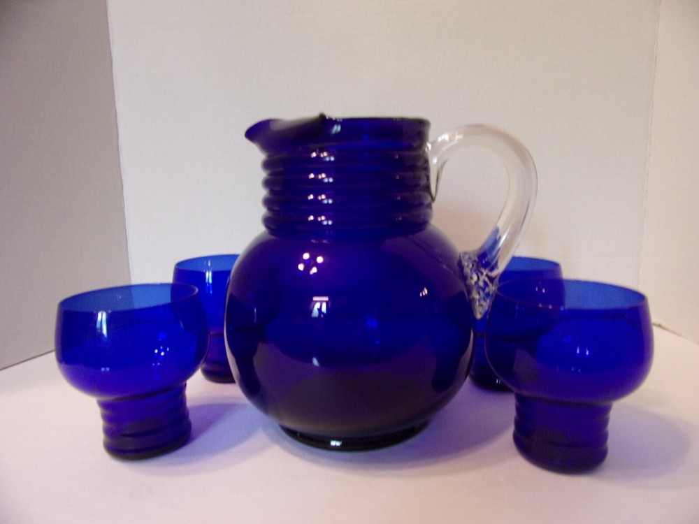 ROLY POLY PITCHER & FOUR GLASSES COBALT