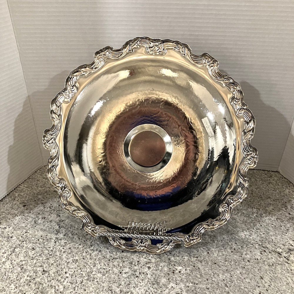 International Silver Co. Round Serving Platter w/ Etching & Scroll Edge