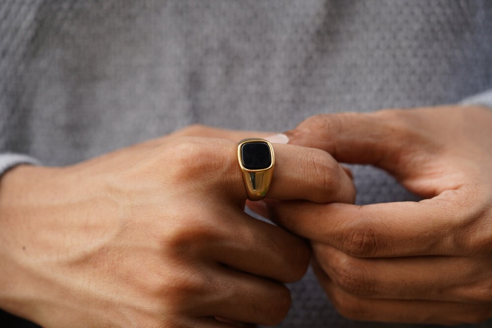 Cushion Black Onyx Ring in Silver or Gold Natural Gemstone Ring For Husband Mens