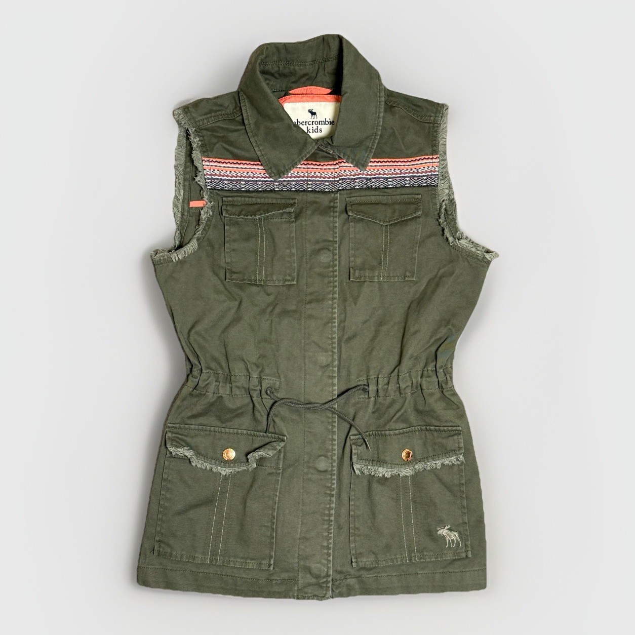 Abercrombie & Fitch Kids Denim Embroidered Snap Utility Vest Girls 13/14 Green