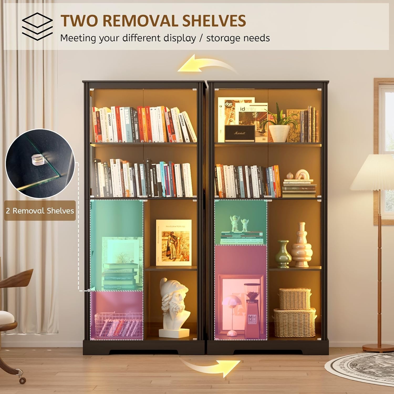 Display Cabinet with Doors, Curio Cabinet with LED Lights and Adjustable Shelves