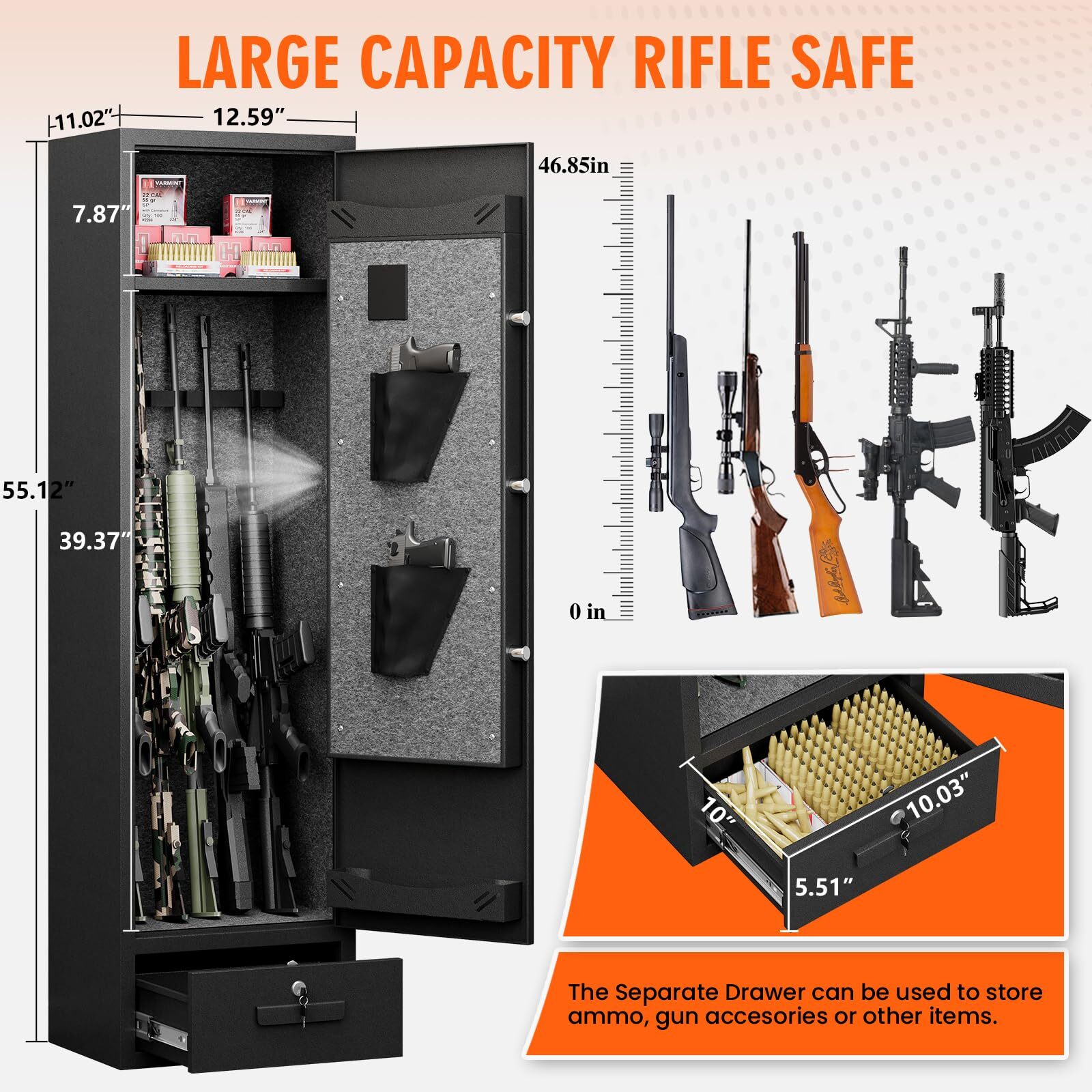 4-5 Gun Rifle Safe for Home Rifle and Pistols, Biometric Gun Safe with Drawer