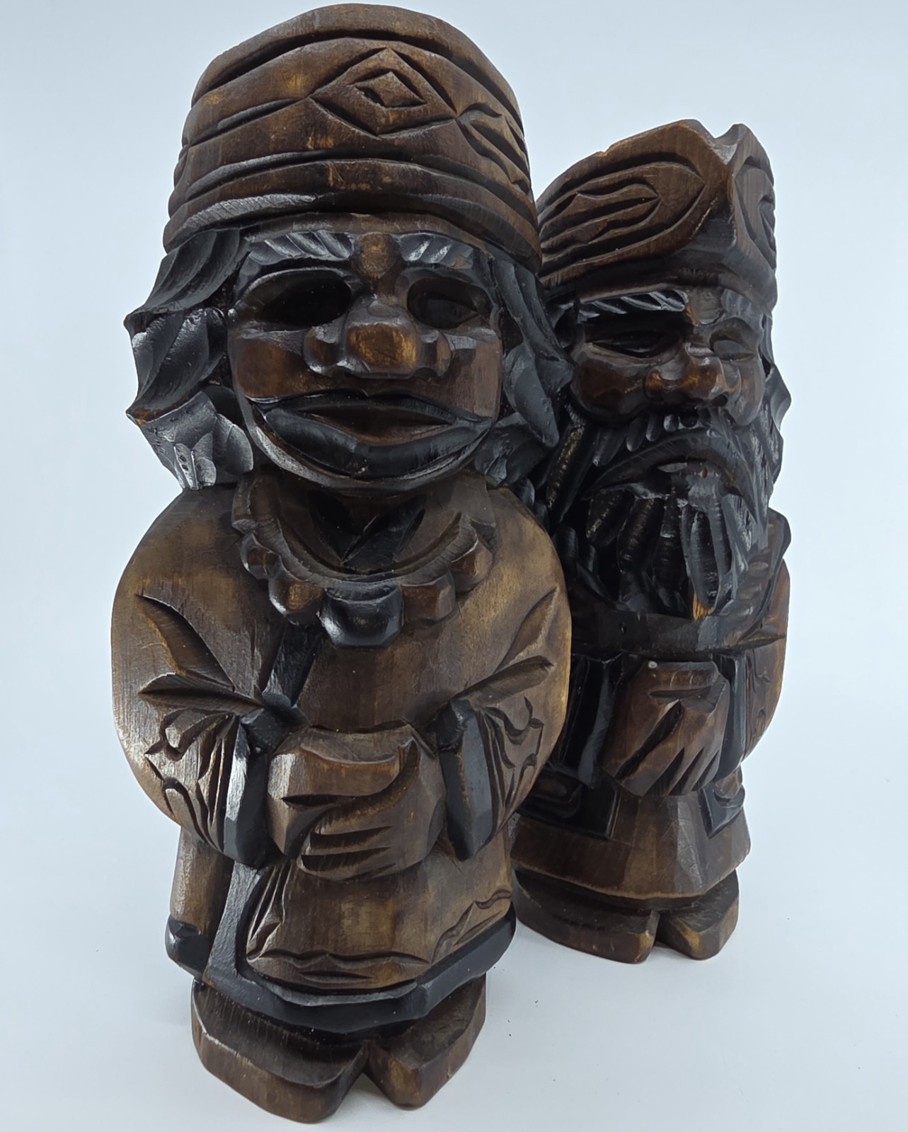 Pair Of Vintage Japanese Hokkaido Ainu Nipopo Hand Carved Wooden Statues 9"