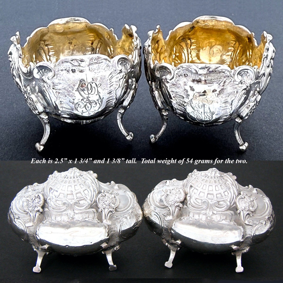 Fab Pair Antique French .800 (nearly sterling) Silver Open Salts, Louis XV Style