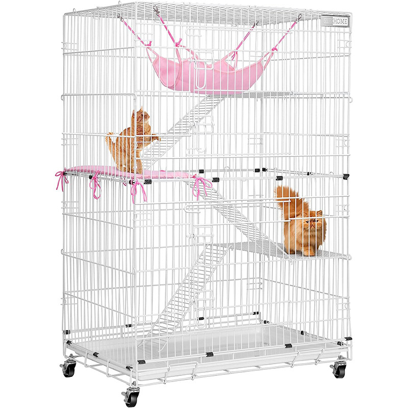 4-Tier Large Folding Cat Cage Crate Playpen w/Climbing Ladders/Platforms/Wheels