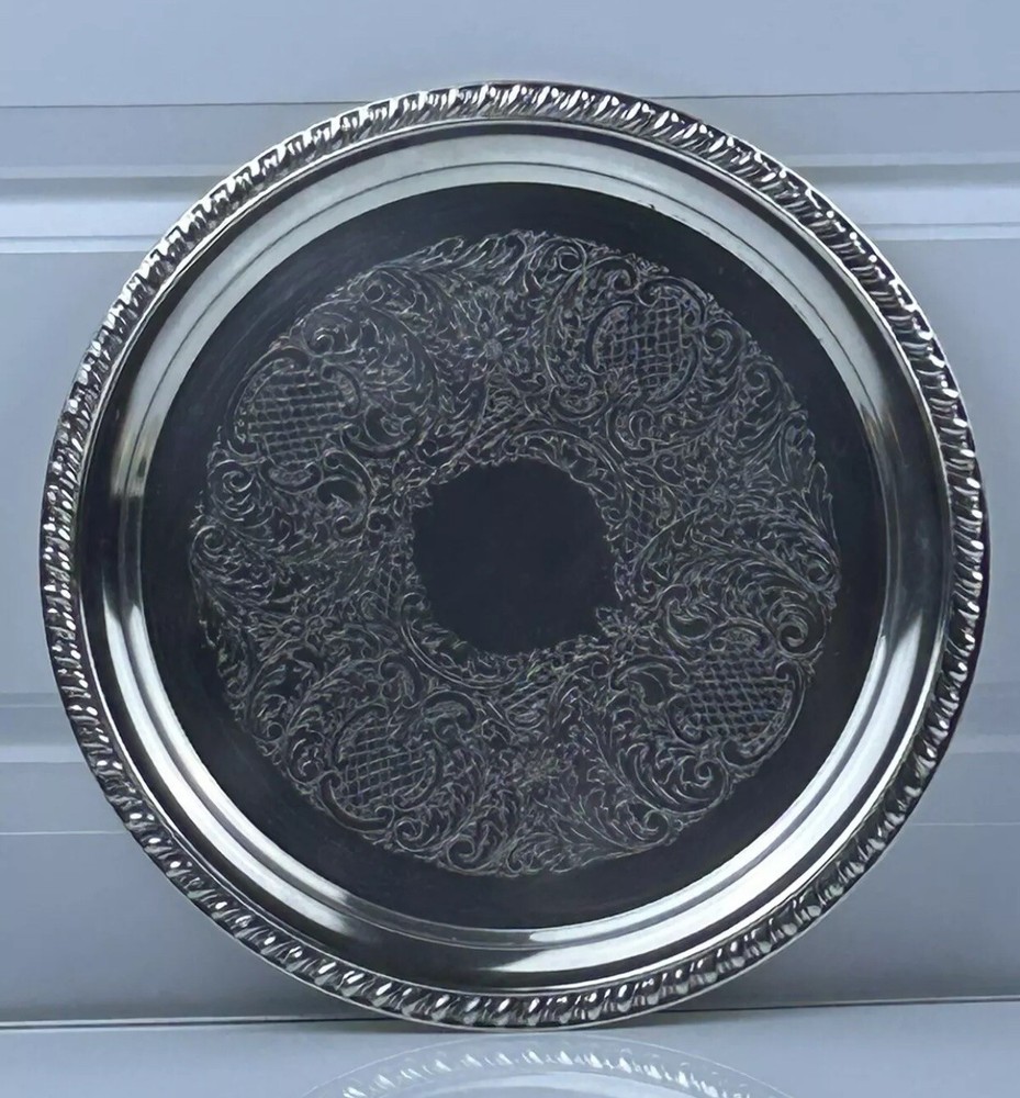 Leonard Silver Plated Tray Round 12" Diameter Tray Silverplate Pineapple Pattern