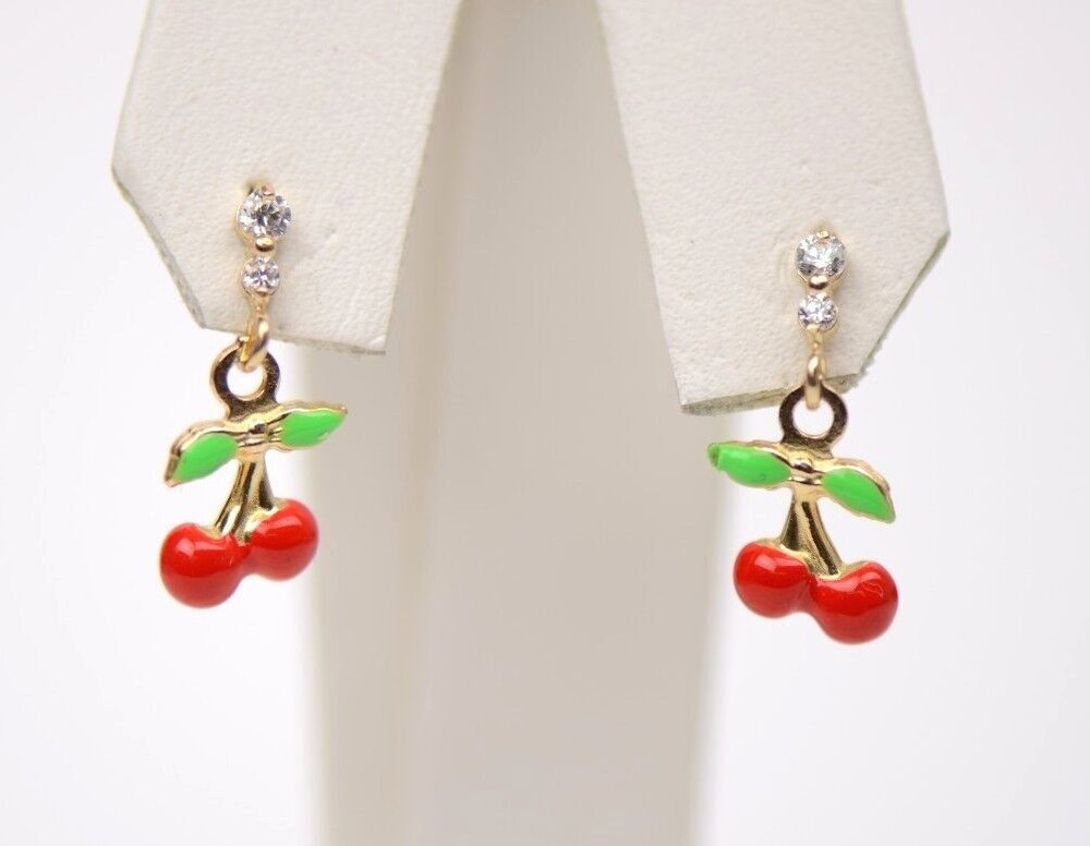 14K Solid Yellow Gold Cherry Enamel CZ Dangle Earrings
