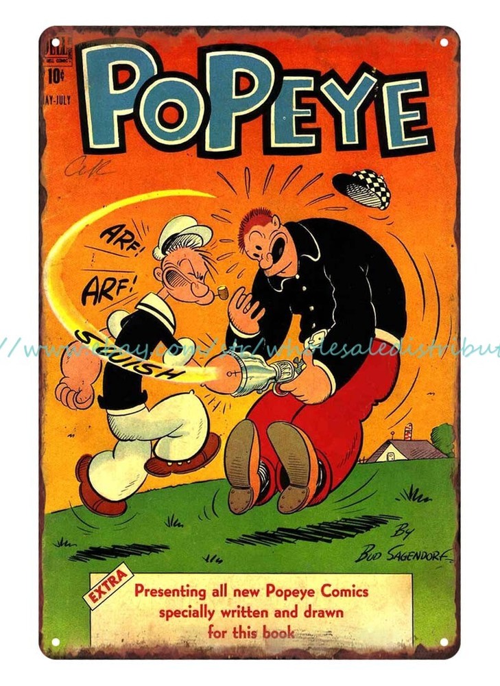 Rustic wall decor popeye Comics 1940s metal tin sign