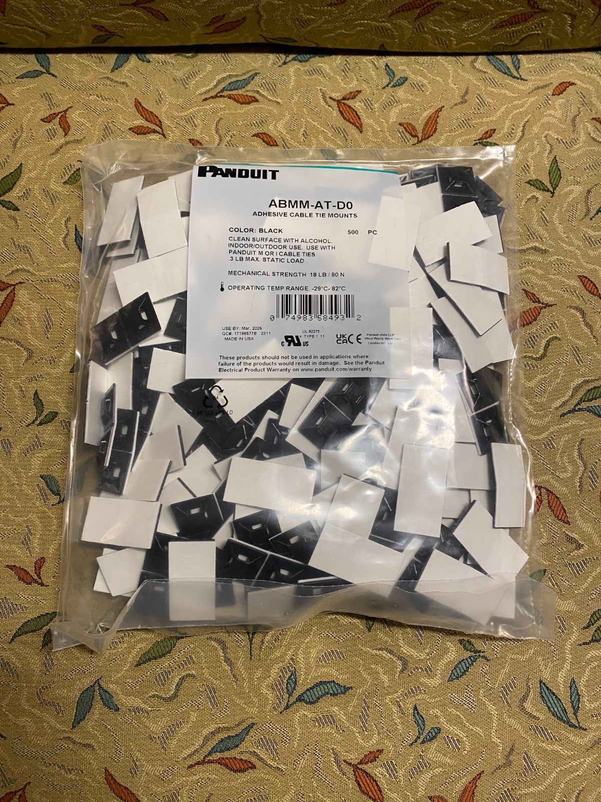 Panduit ABMM-AT-D0 4-Way Adhesive Cable Tie Mount Black PK500 NEW Sealed