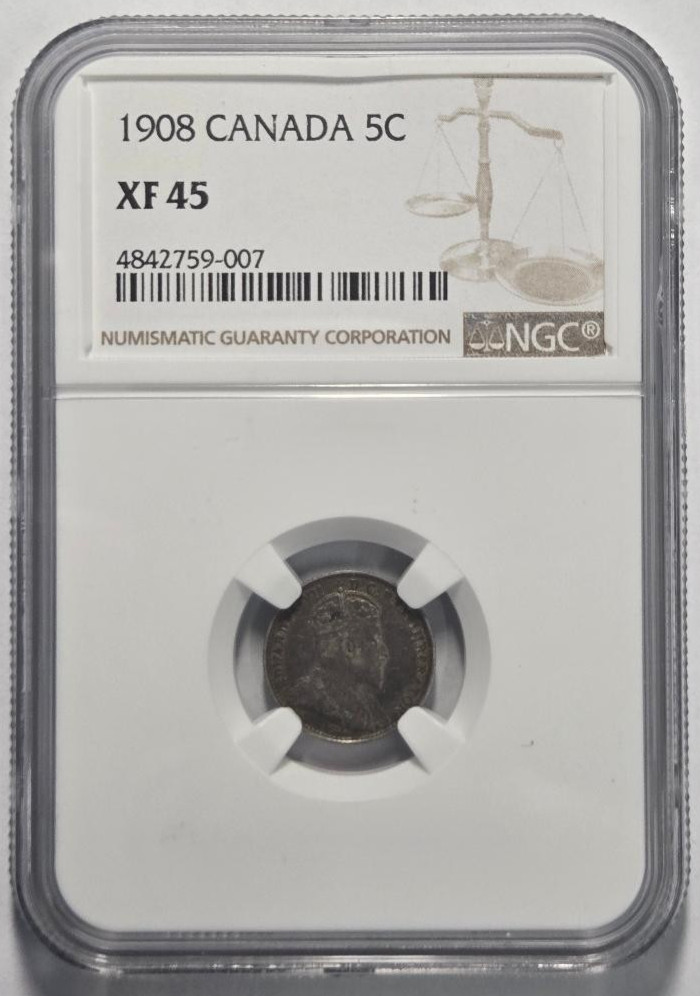 1908 CANADA 5 CENT (5C) NGC XF 45 Certified Coin
