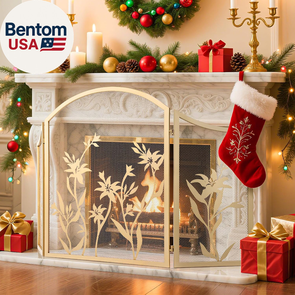 Fireplace Screen 3 Panel Folding Fireplace Screens 48.4 X 25.6 Inch Lily Pattern