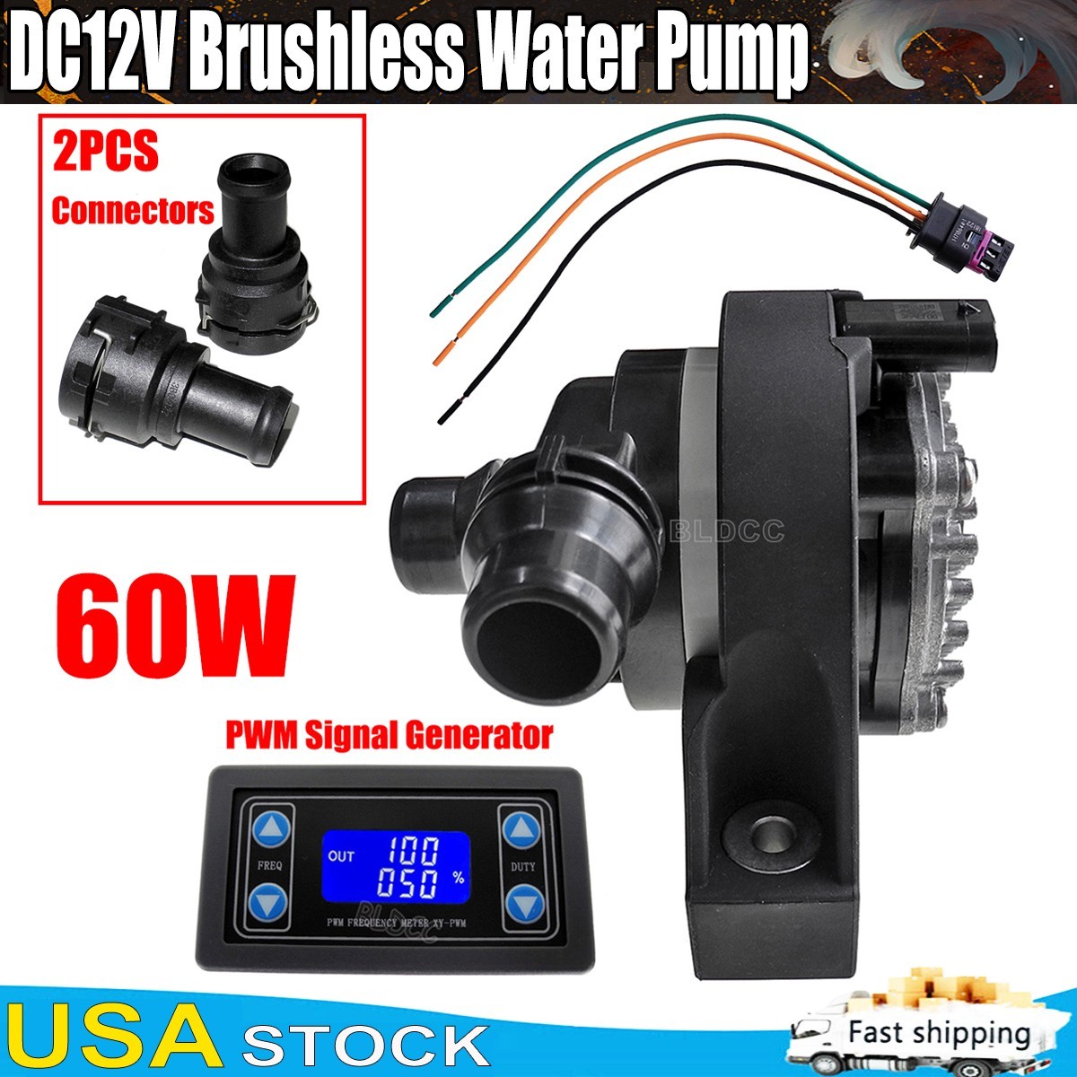 High Flow DC 12V 60W Brushless Engine Cooling Water Pump W/ PWM Signal Generator