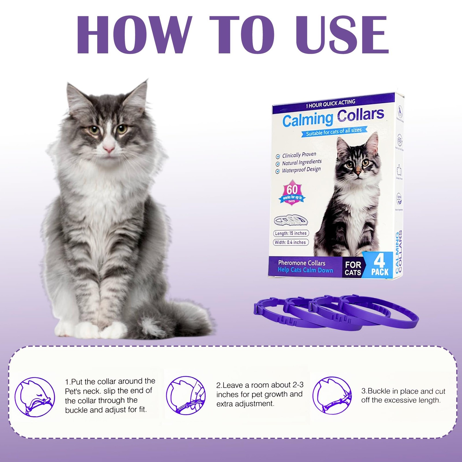 Minasuki 4 Pack Calming Collar for Cats - Long-Lasting Anxiety & Purple