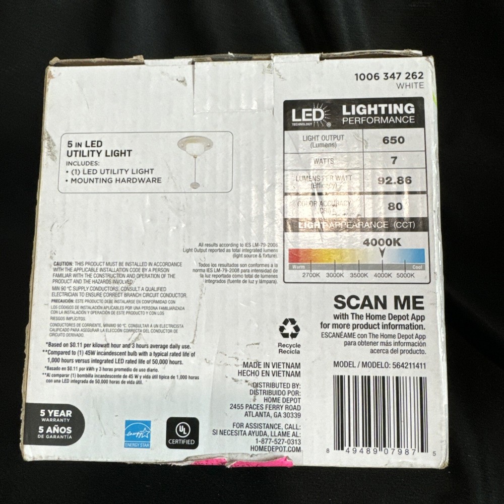 LED Closet Utility Light with Pull Chain - Flush Mount, 650 Lumens, 7-Watt