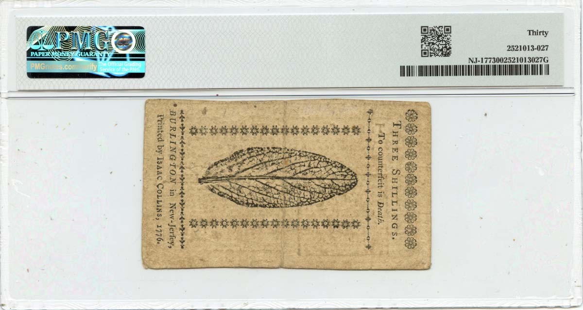 1776 March 25, 3s New Jersey Colonial Note FR#NJ-177 PMG VF30 GCC Gold