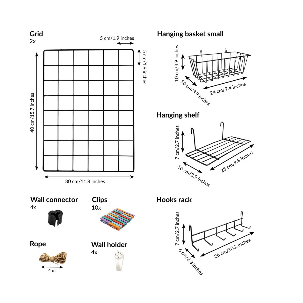 2 Pack Wire Wall Grid Panel With Accessories | Includes Hanging Basket, Shelf...