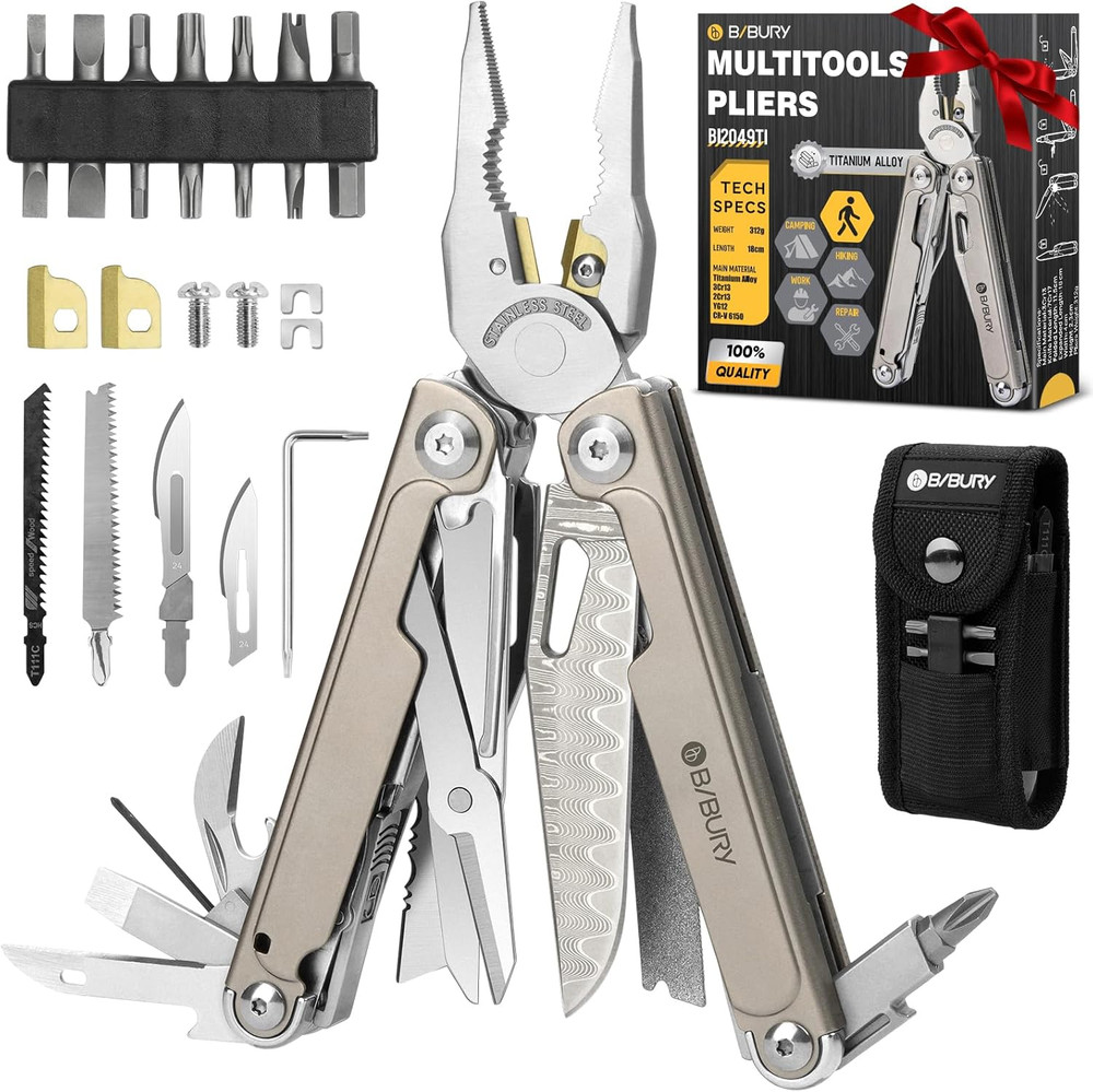 Titanium Alloy Multitool with Damascus Knife, EDC Multi Tools with Replaceable W