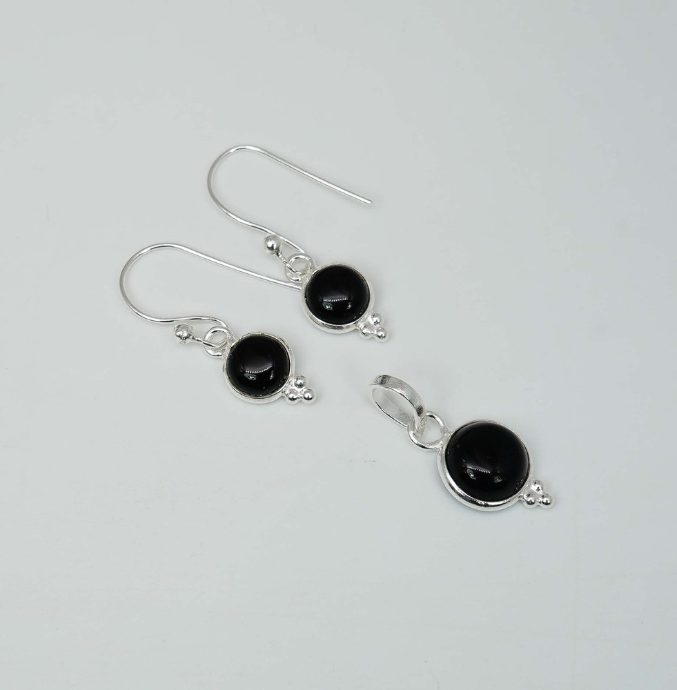 925 Solid Sterling Silver Black Onyx Hook Earring Pendant Set
