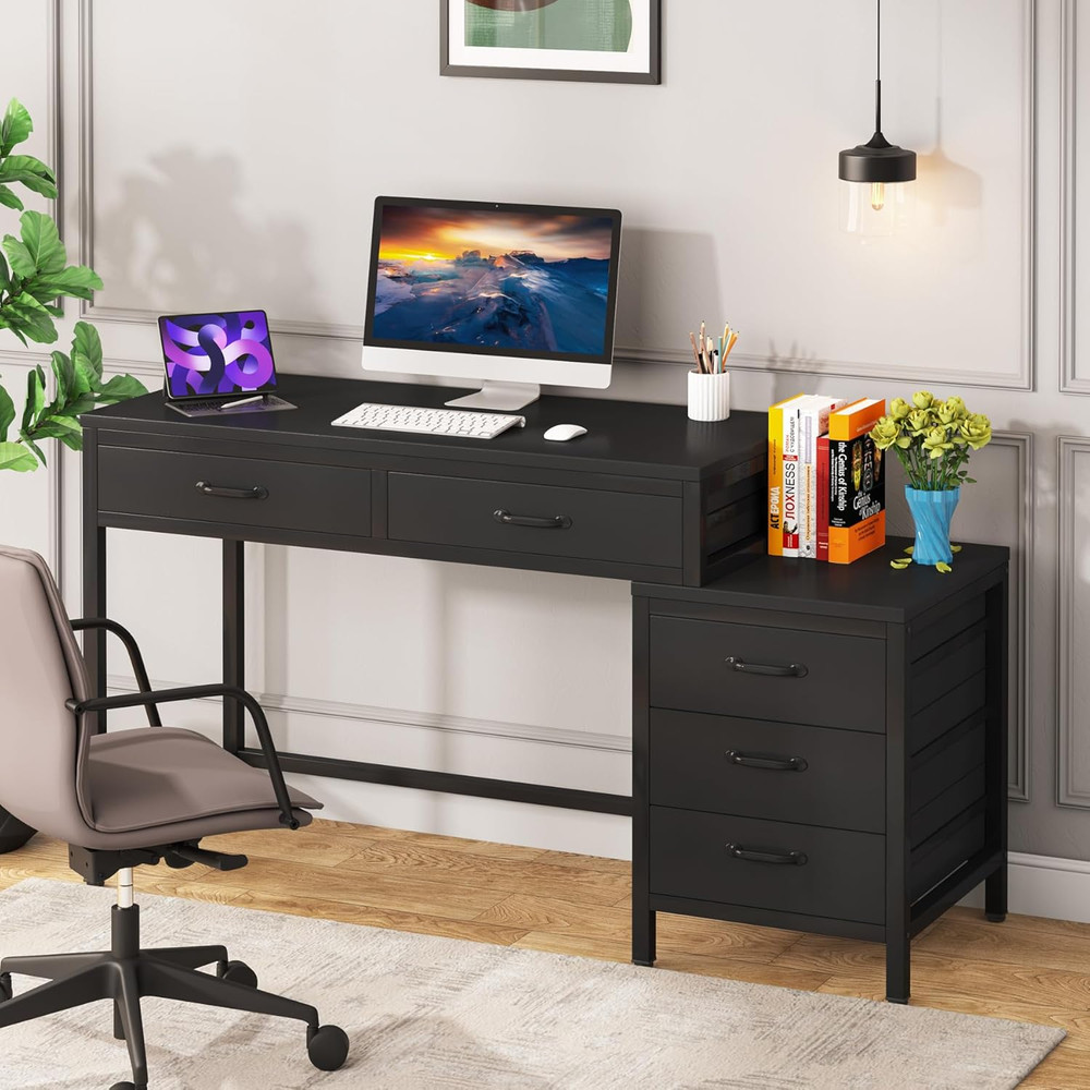 Rustic Computer Desk with 5 Drawers & Printer Stand for Small Spaces