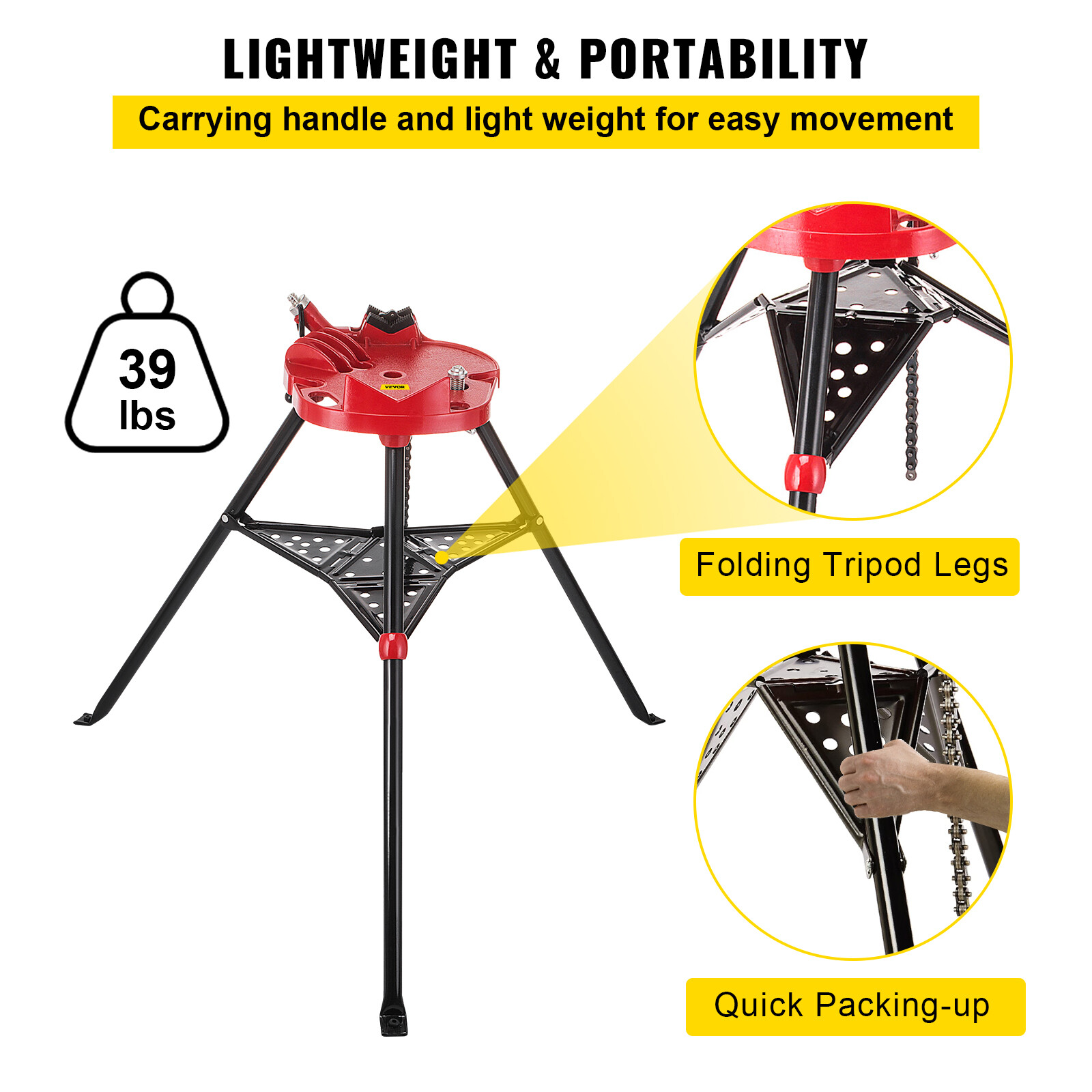 VEVOR 460-6 Tripod Pipe Chain Vise 6" Capacity Foldable Steel Legs w/ Tool Tray