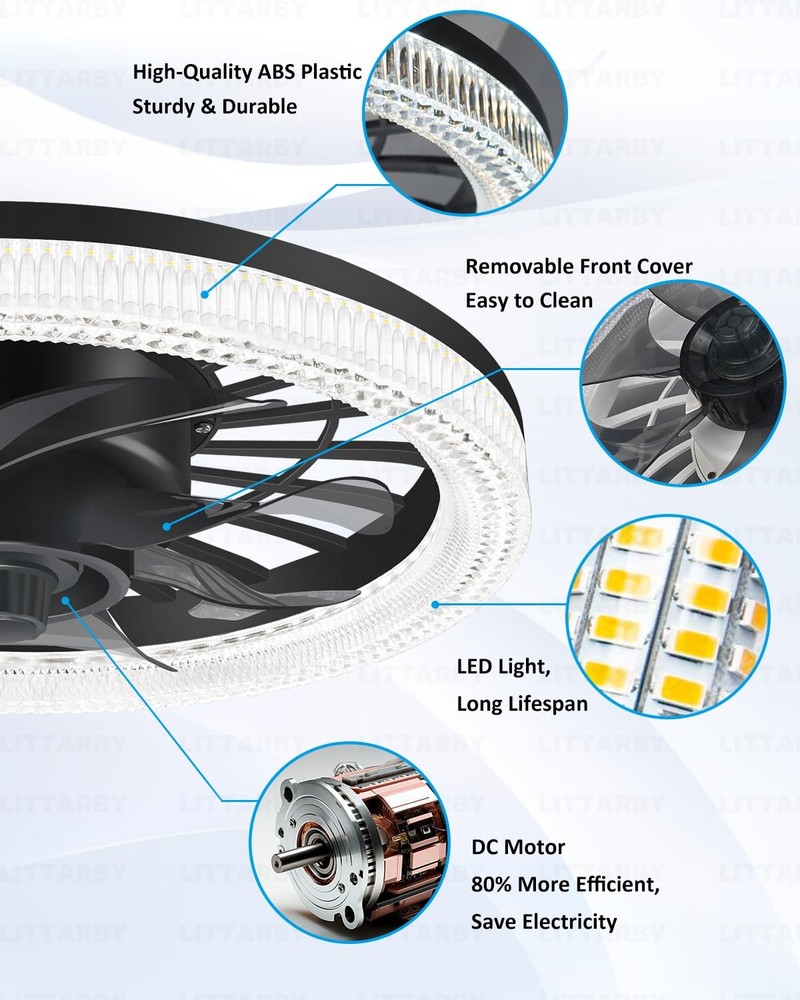 Ceiling Fans with Lights, Socket Fan Light Remote Control, Black-Large