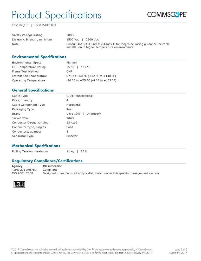 Commscope 10G4 Ultra 10 Cat6A U/UTP Plenum Network Cable White /100ft