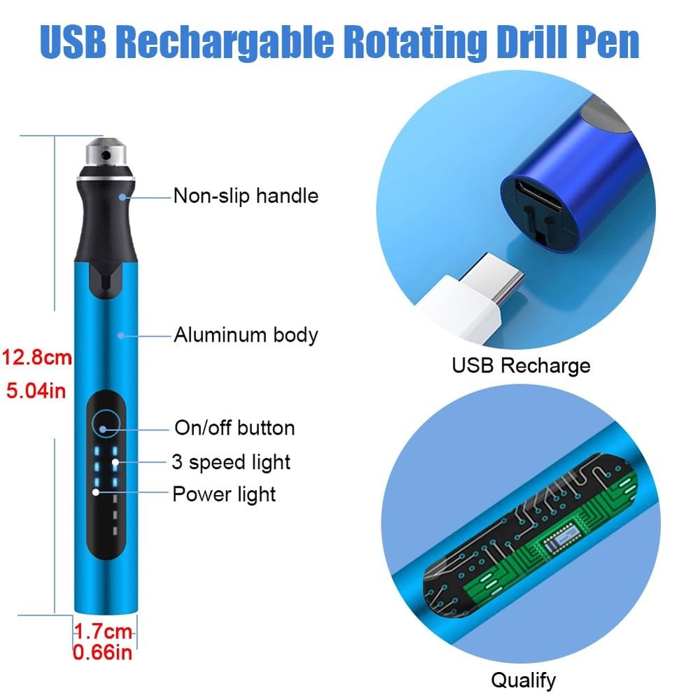 3-Speed Cordless Mini Drill Pen With 8 Small Compact, Blue