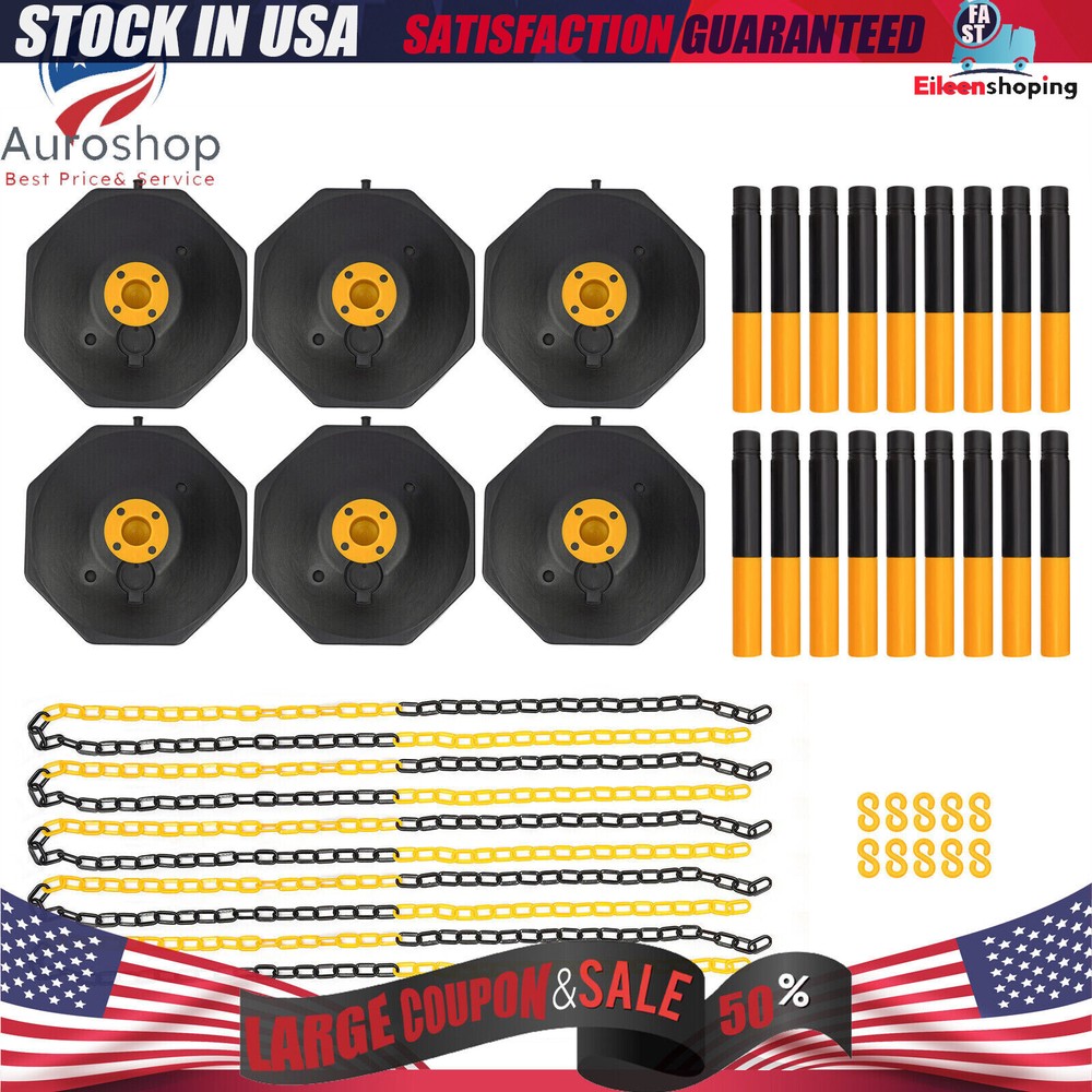 6 Pack Traffic Cones Adjustable Delineator Post Portable Parking Pole W/ Chains