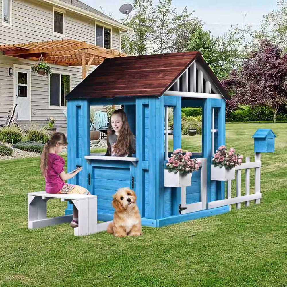 Outdoor Playhouse, Wooden Kids Play House w/Picnic Bench, Half Door, Windows
