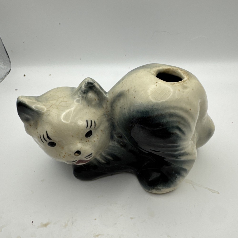 Vintage Ceramic Cat Air Wick Diffuser/Bud Vase, Solid Black Grey Great Condition