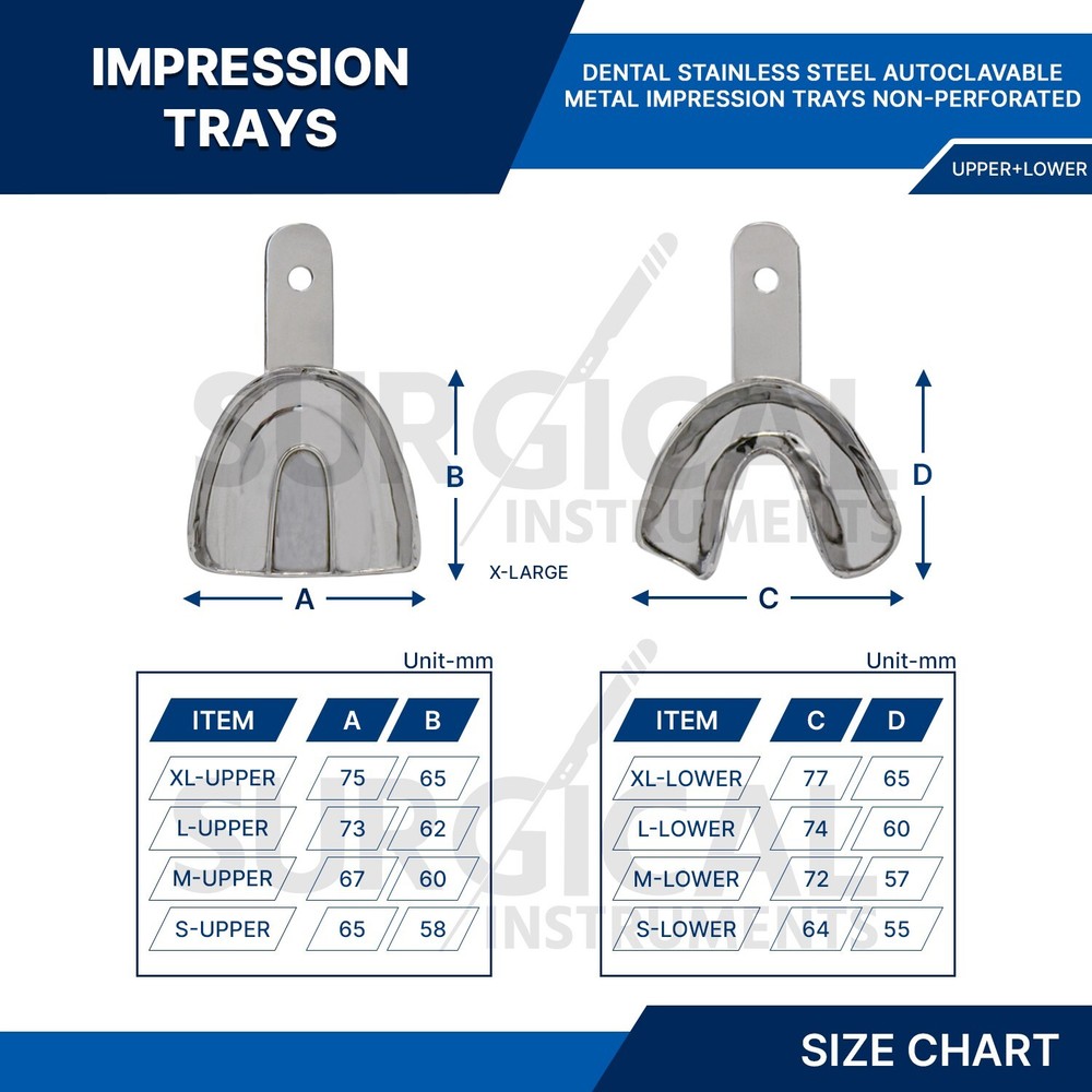 8 Pcs Metal Impression Trays Set Kit Solid 4 Upper & 4 Lower Dental (Edentulous)