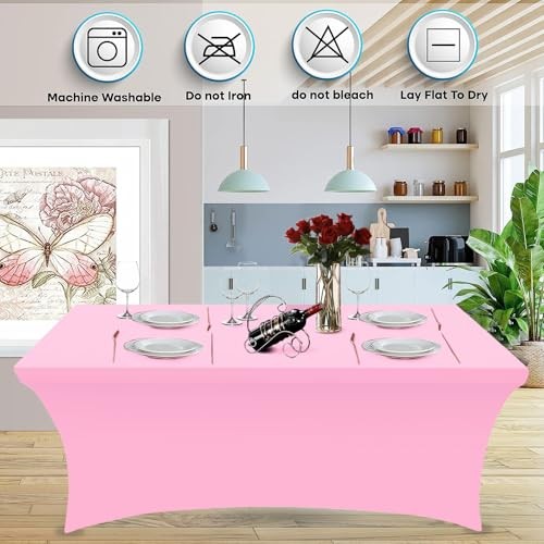8FT Table Cloth for Rectangle Table Pink Tablecloth Rectangular Fitted Stretch