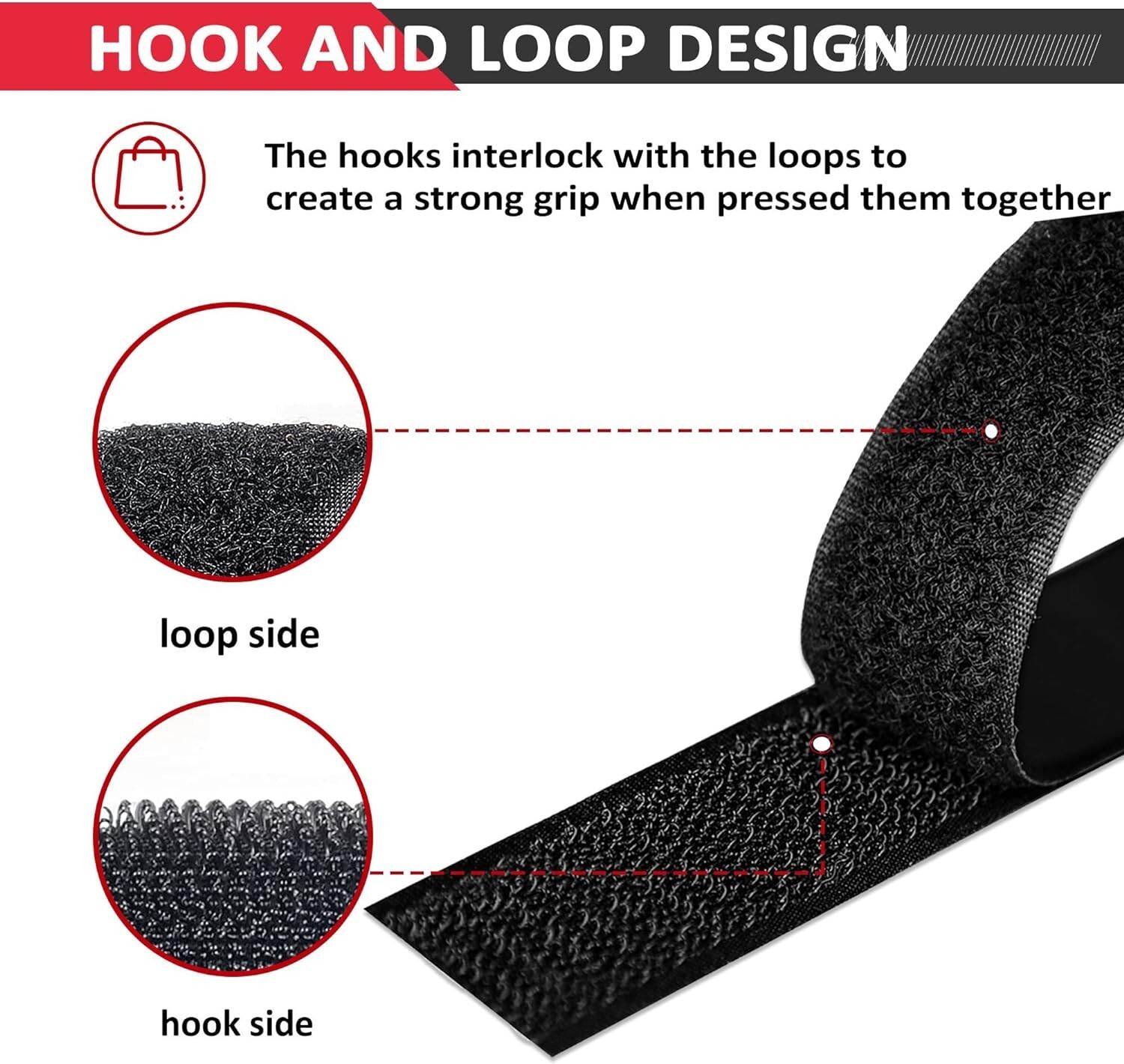 Hook & Loop Strips with Adhesive Heavy Duty Straps Tape with Sticky Back 4PC Blk