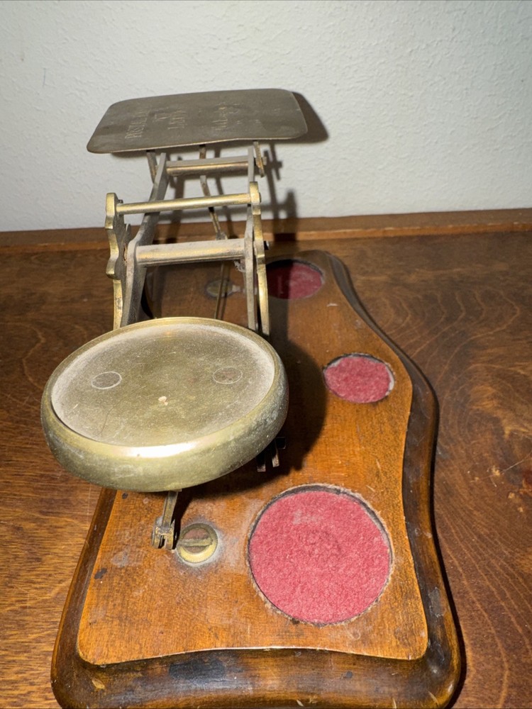 Antique Brass Wood Desktop Postage Scale With 2 Weights