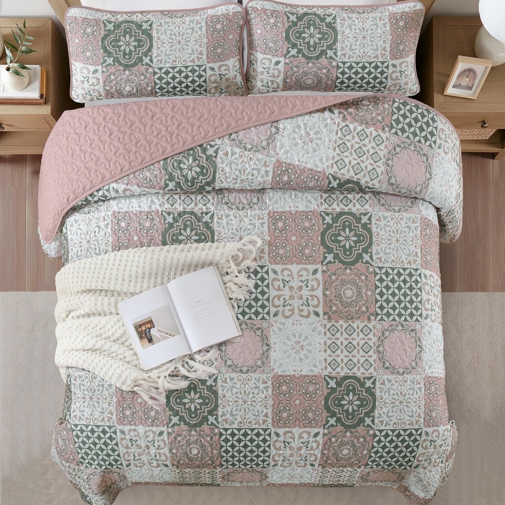 Dobuyly Blush Quilt Set Queen Size, Boho Patchwork Plaid Queen, Pink
