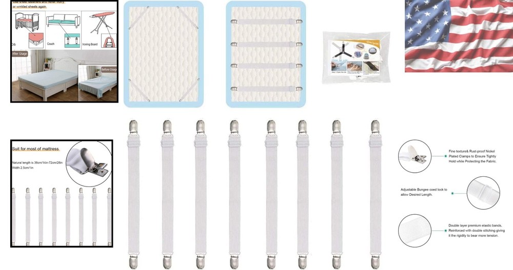 8 Adjustable Bed Sheet Straps Clips – Secure & Durable Fasteners for All Bedding