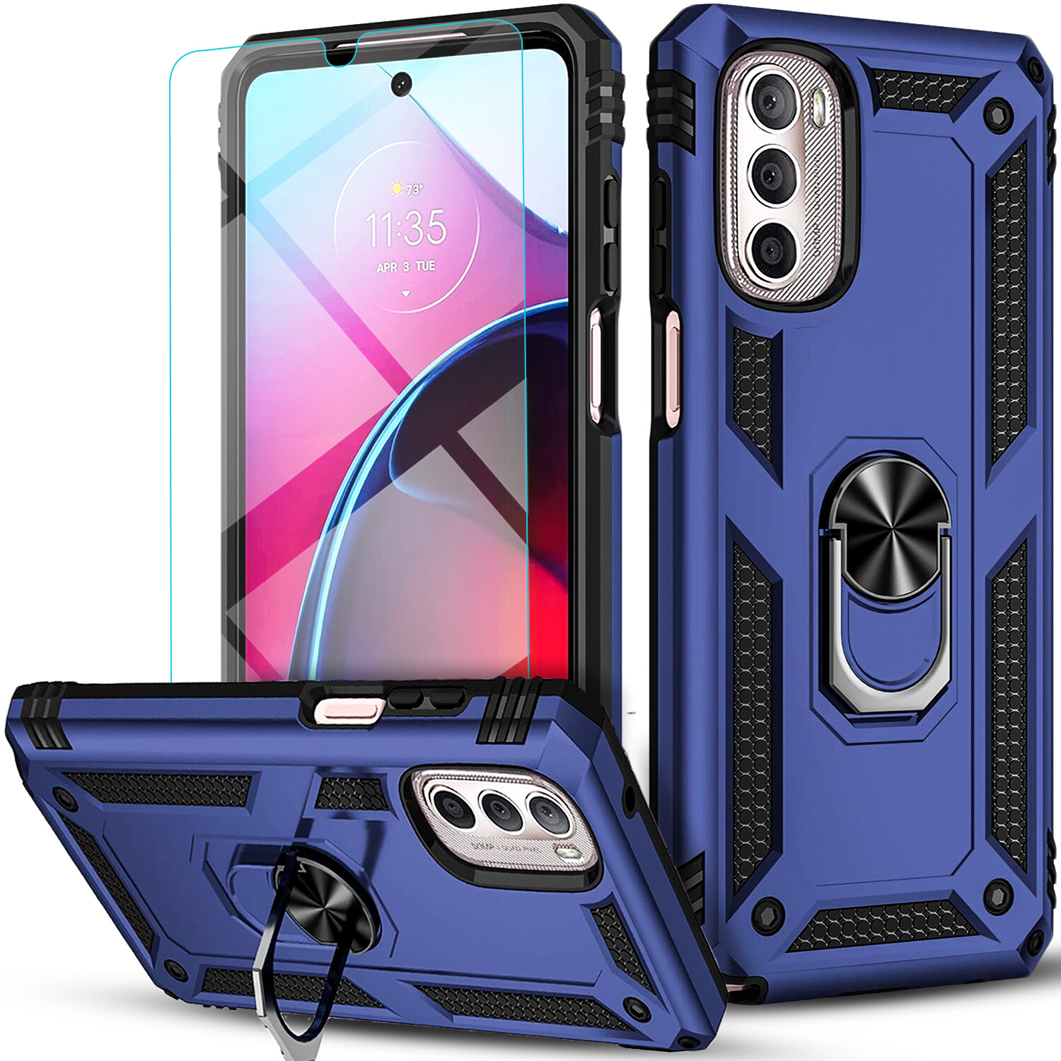 For Motorola Moto G 5G 2023 2022 Case Ring Stand Cover +Tempered Glass Protector