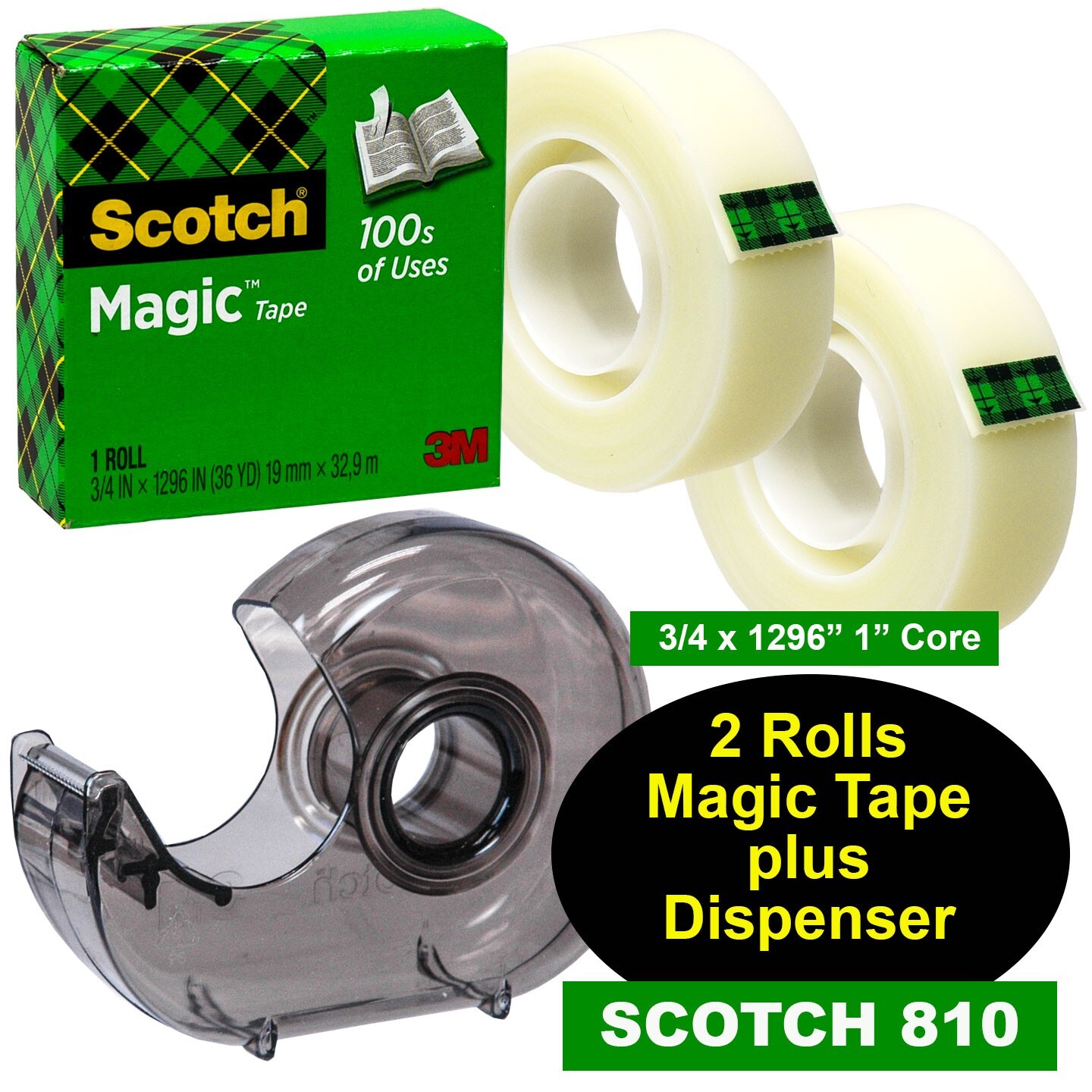 Scotch Magic Tape 810 3/4 x 1296" 2 Rolls of Tape Plus H127 Handheld Dispenser
