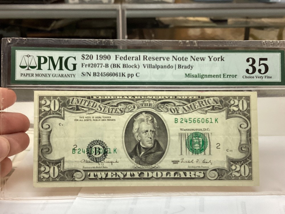 $20 1990 PMG 35 Misalignment Error District Overprint Fr#2077-B