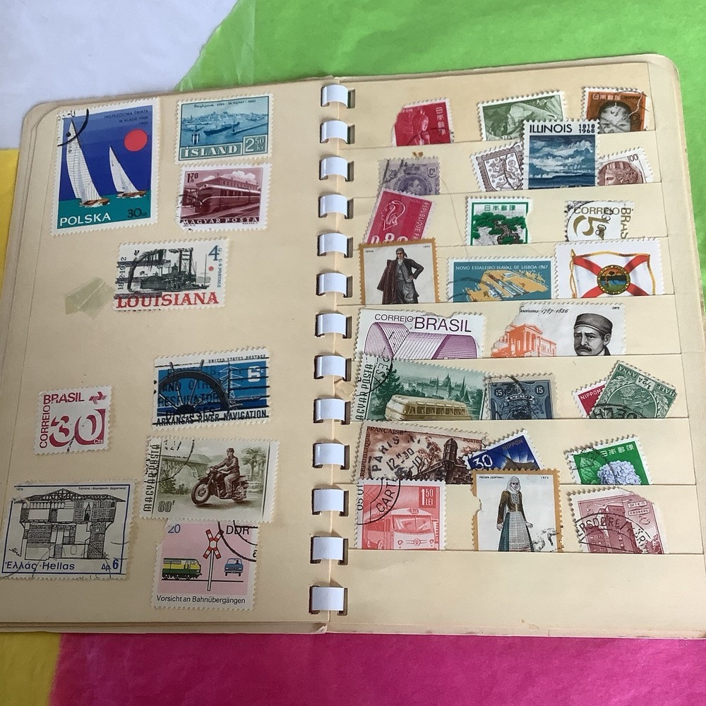 Vintage 2 Stamp Collector’s Stock Books WITH Approx.100+ Per- 1960’s 70’s 80’s