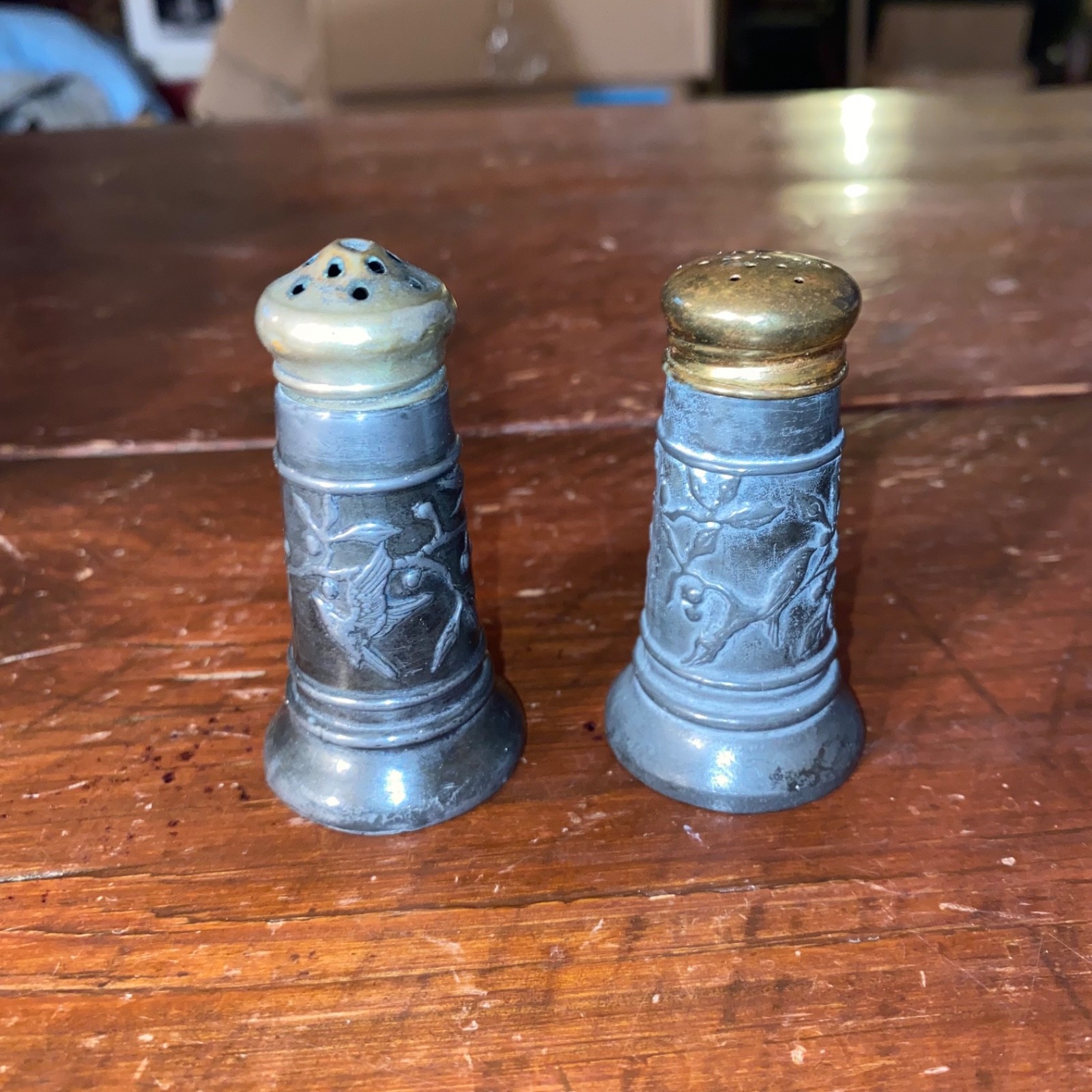 Antique Pair of National Silver Co Silverplate Bird Themed Salt & Pepper Shakers