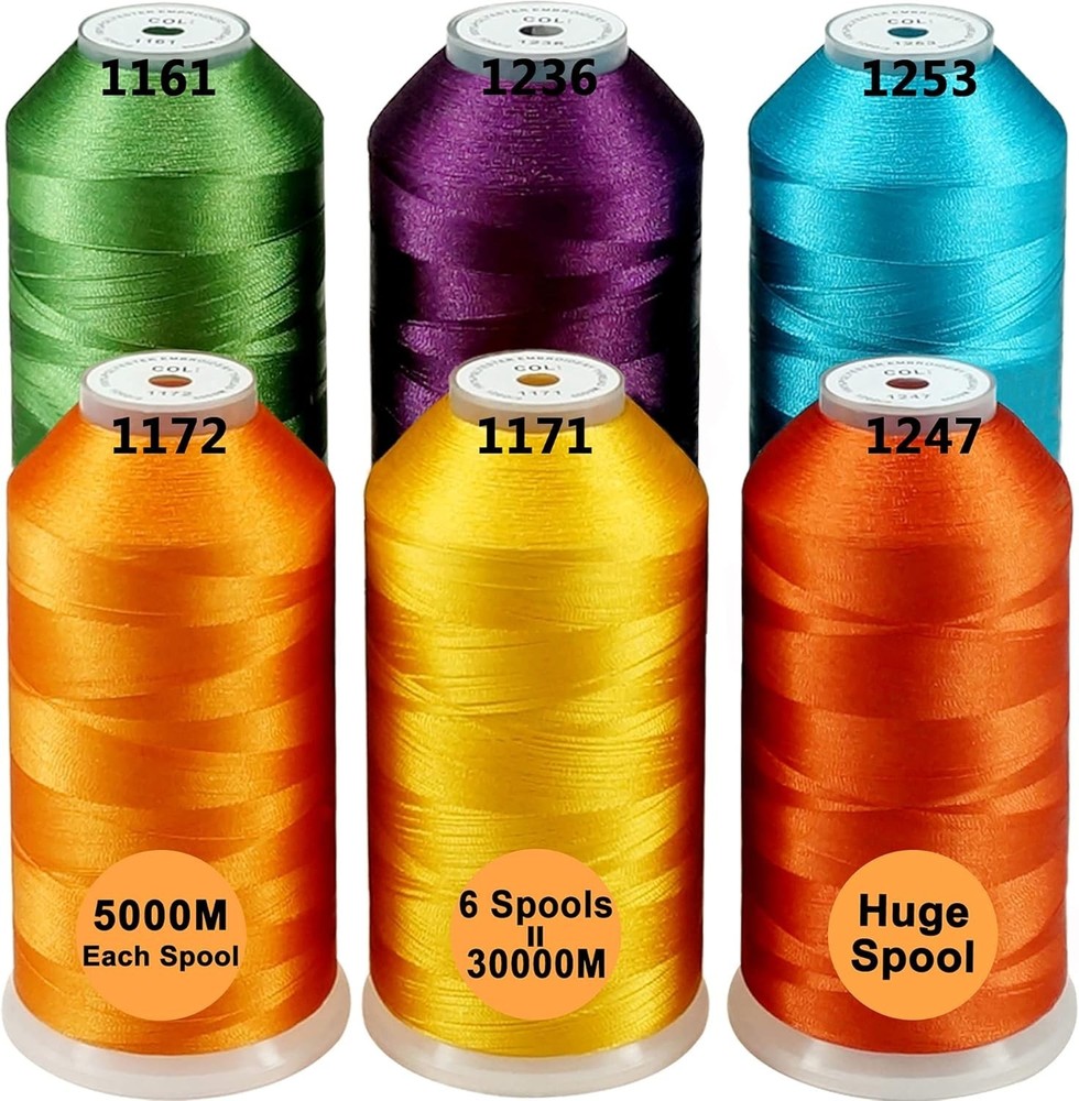 Professional Quality 5000M Polyester Thread - 6 Assorted Spools for Embroidery
