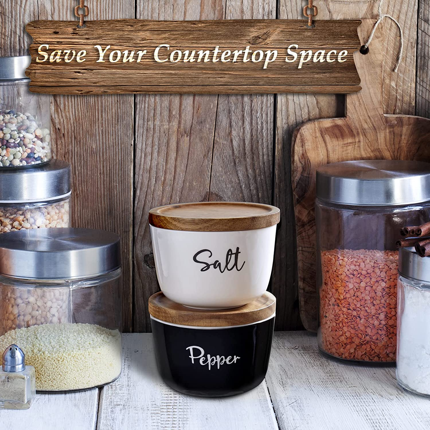 Salt and Pepper Bowls 10 Oz Salt Cellar with Wood Lid New Ceramic Set of 2 Bowls