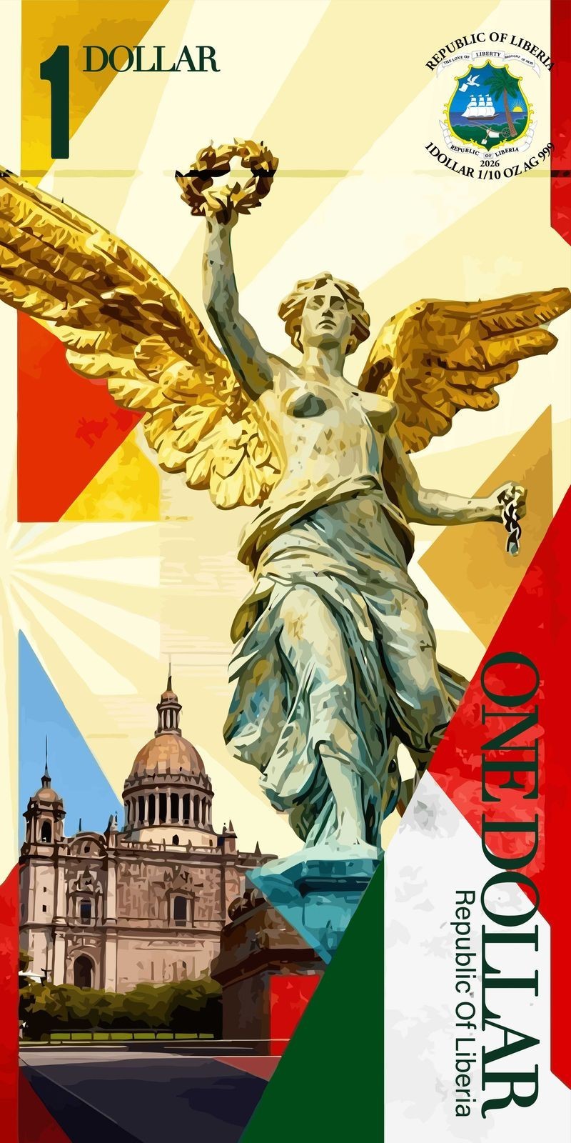 1/10 Oz Silver Note .999 1$ Liberia 2026 The Angel Of Independence In Case & box