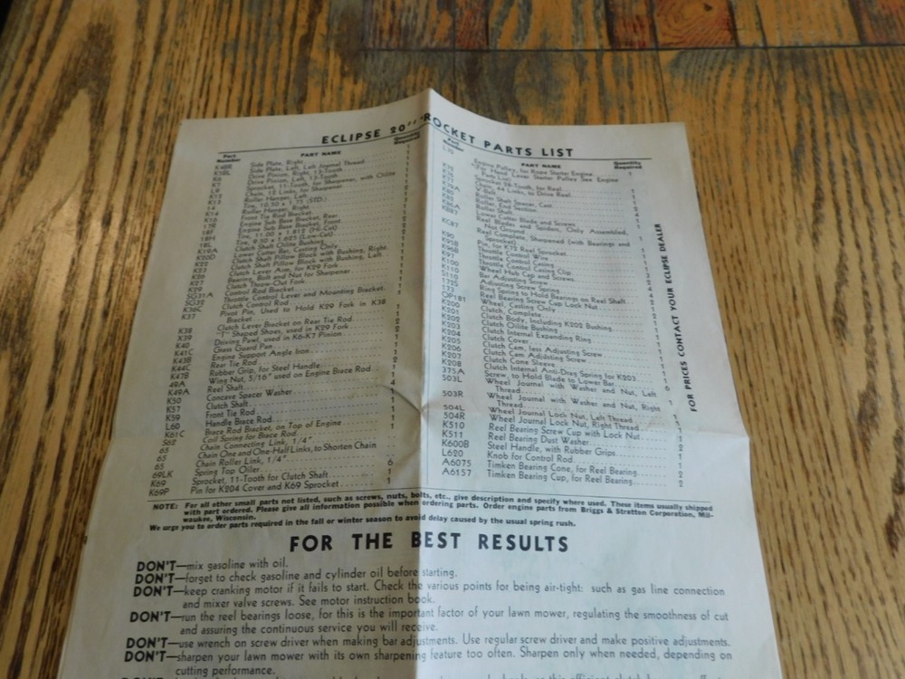 Vintage ECLIPSE ROCKET POWER MOWER Briggs & Stratton INSTRUCTIONS