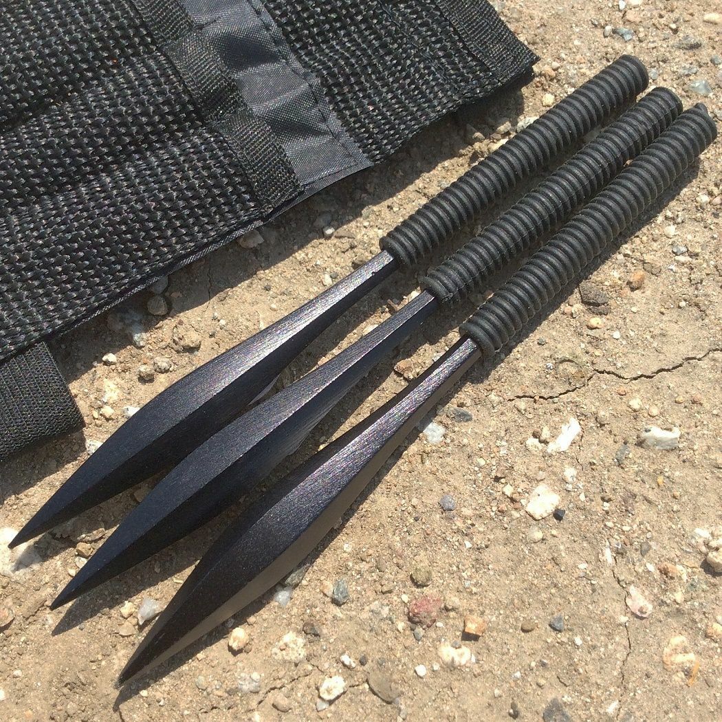DEFENDER 6" 3pc Heavy-Duty Steel SPIKE Throwing Knife Set & Wrist Strap Sheath